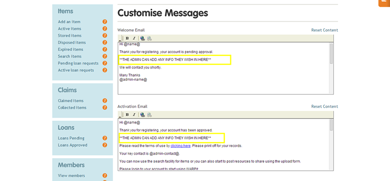 Customising messages that the system sends when users carry out an action on the site